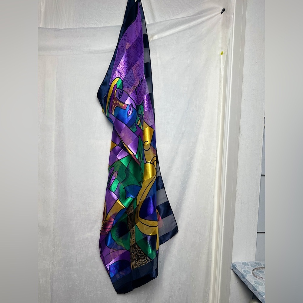 Vintage Picasso Multi Colored Cubist‎ Abstract Artsy Silk Scarf Wrap Tapestry - Picture 5 of 14